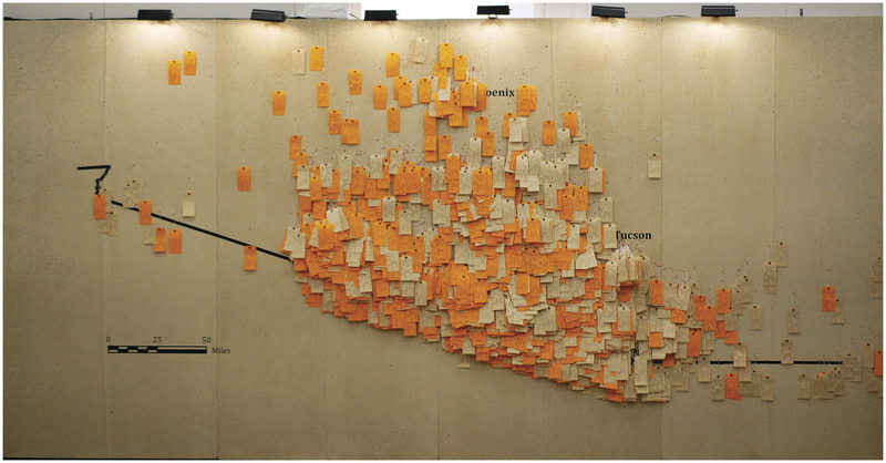 The completed map of all hanging toe tags along the US-Mexico border as part of the Alabama installation of HT94